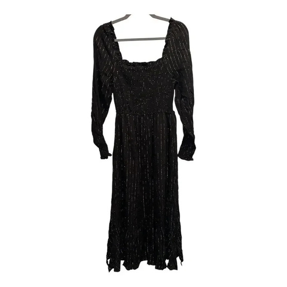 NWT Oat New York Long Sleeve Black‎ & Gold Square Neck Smocked Dress | Size S - Picture 2 of 9